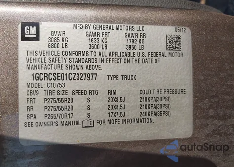 2012 Chevrolet Silverado 1500 Lt from USA, damaged, VIN 1GCRCSE01CZ327977